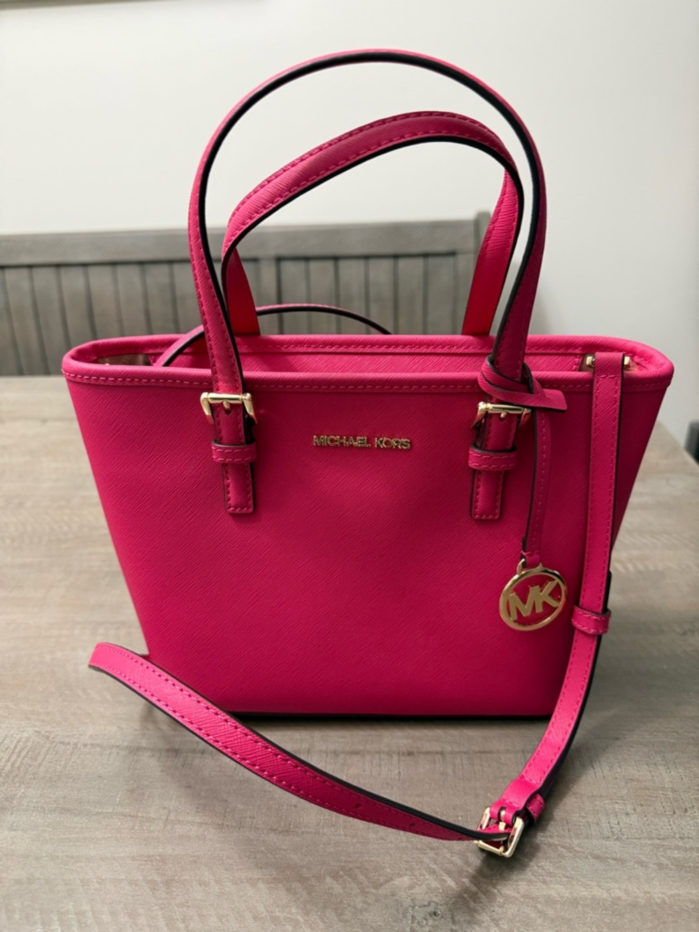 Michael Kors Hot Pink Saffiano Satchel with Gold Hardware